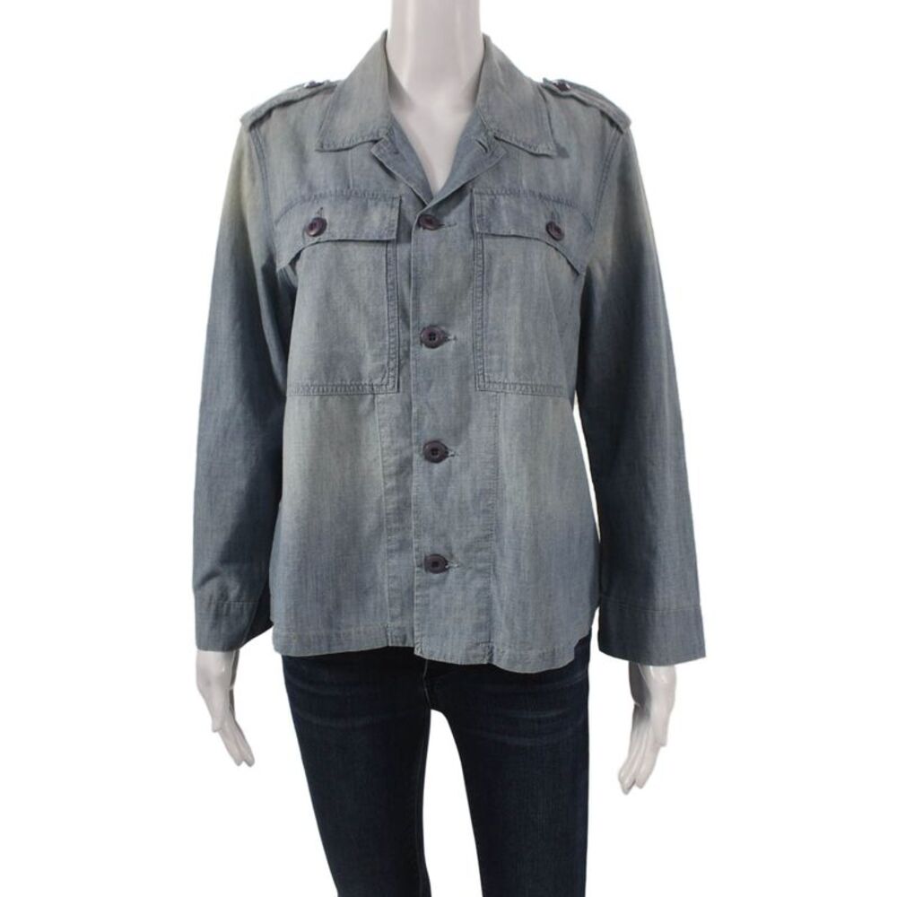 Amo Women Military Jacket Blue Cotton Long Sleeve Collared Button Size M